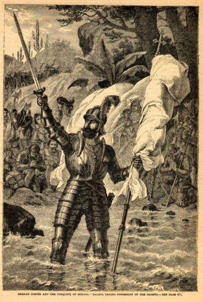 Vasco Núñes de Balboa, navegador espanhol reinvidicando a posse do Mar do Sul em 1513. (atual Oceano Pacífico). (Fonte: WikimediaCommons/Reprodução)