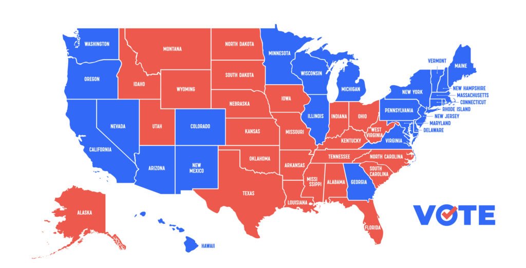 Mapa dos Estados Unidos com estados coloridos em vermelho ou azul, indicando o resultado provável das eleições entre republicanos e democratas